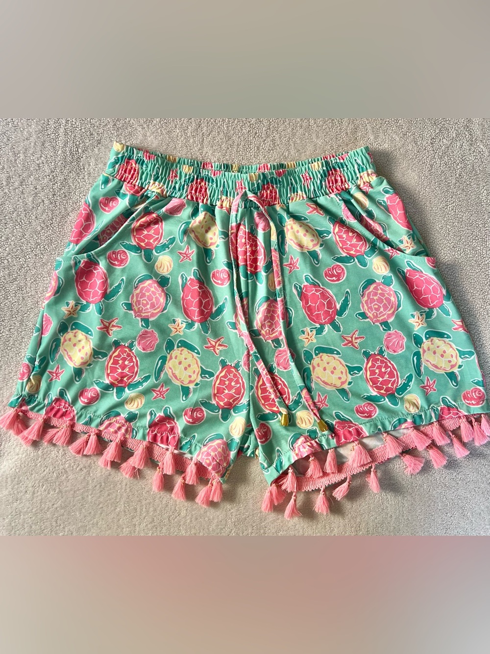 Simply Southern S/M Sea Turtle Pink Tassel Shorts Teal Beach Vacation Summer